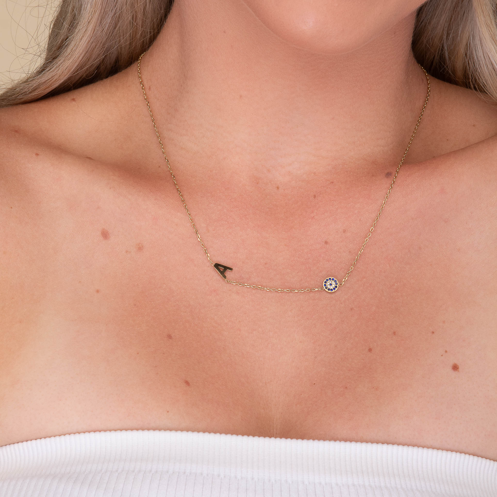 Sideways Initial Letter Evil Eye Necklace - Camile & Stone