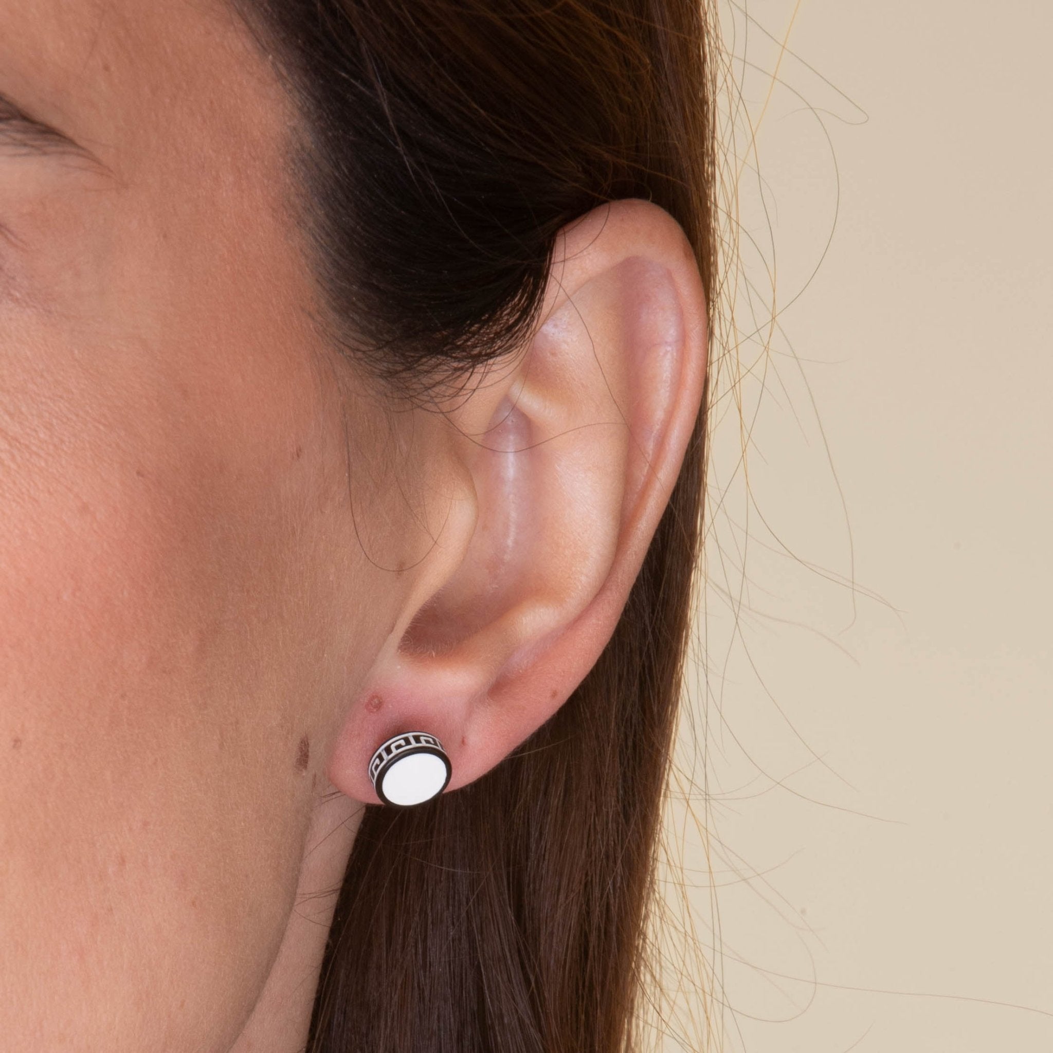 Unisex Circle White Enamel Greek Stud Earrings - Camile & Stone