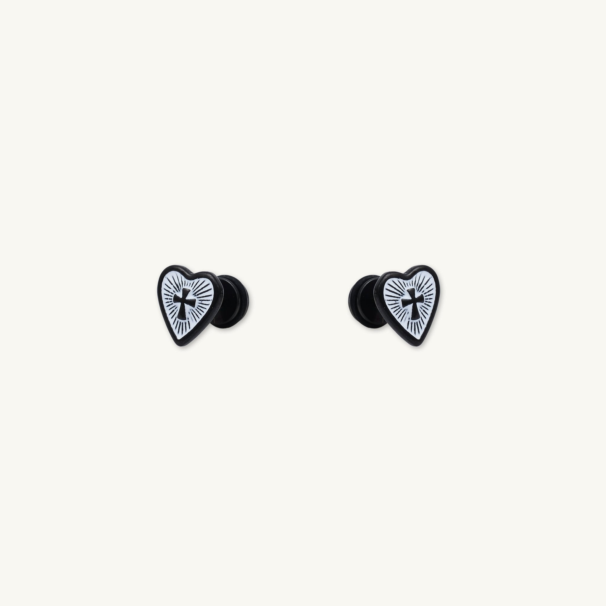Unisex Gothic Cross Heart Stud Earrings - Camile & Stone