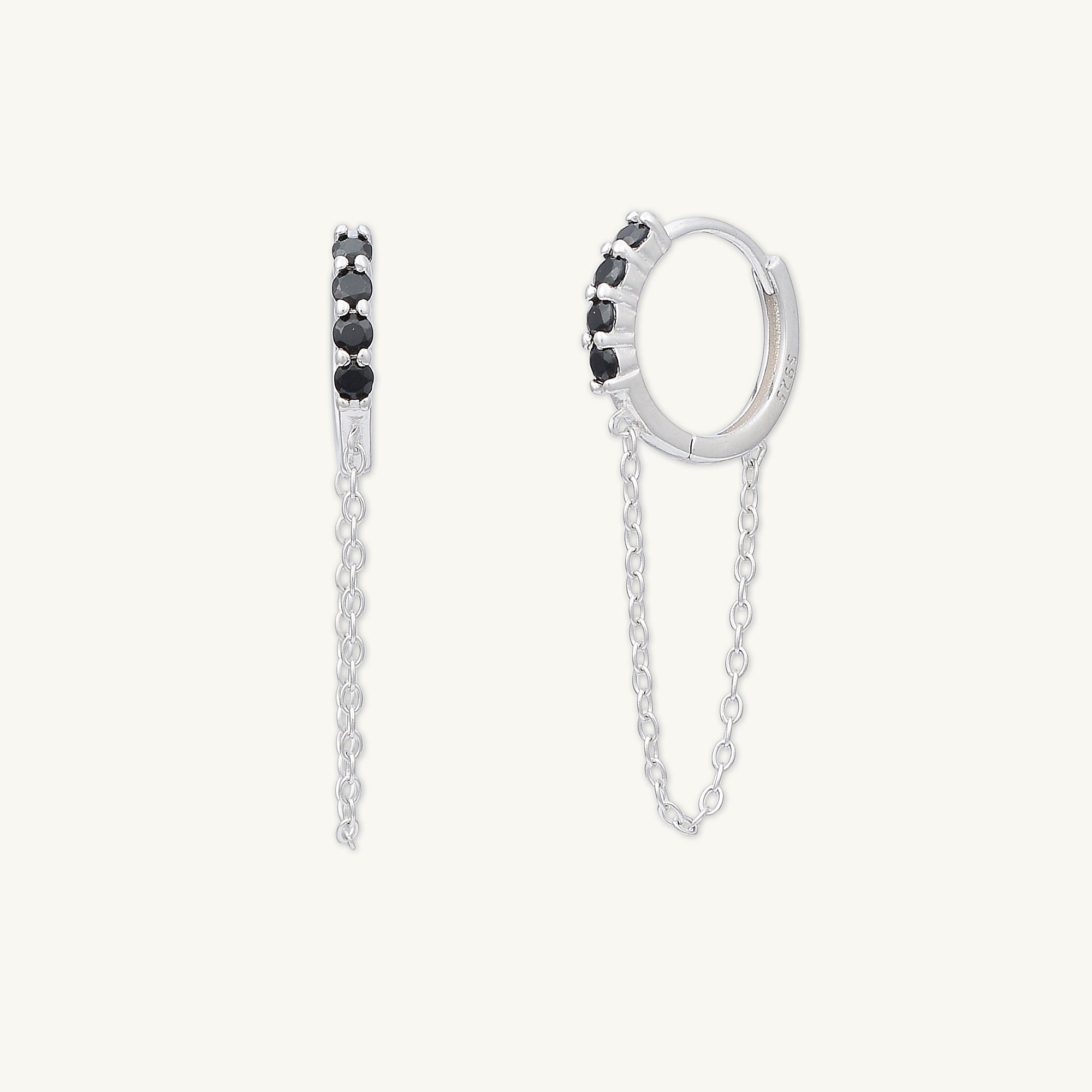 Black Sapphire Dangling Chain Huggie Earrings - Camile & Stone