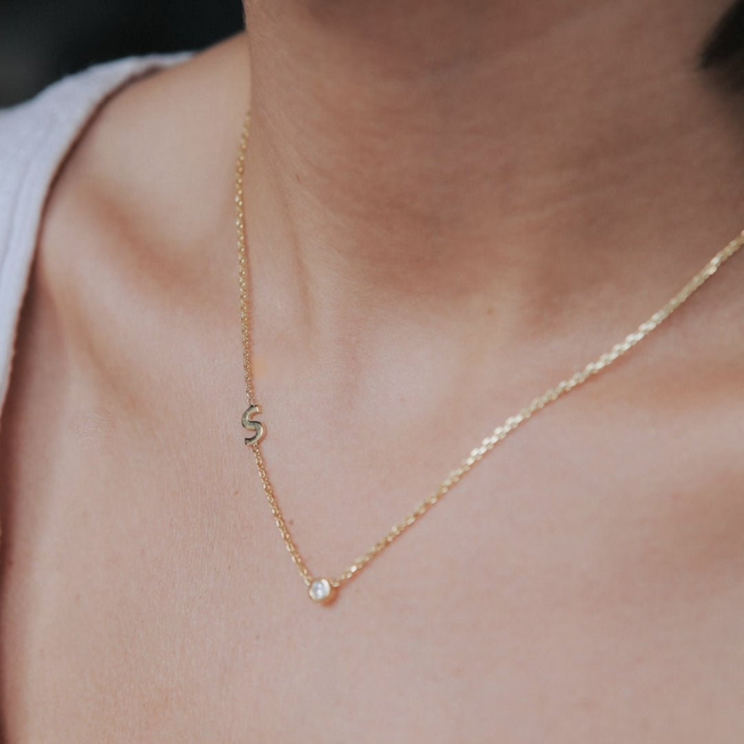 Sideways Pave Single Letter Necklace - Camile & Stone
