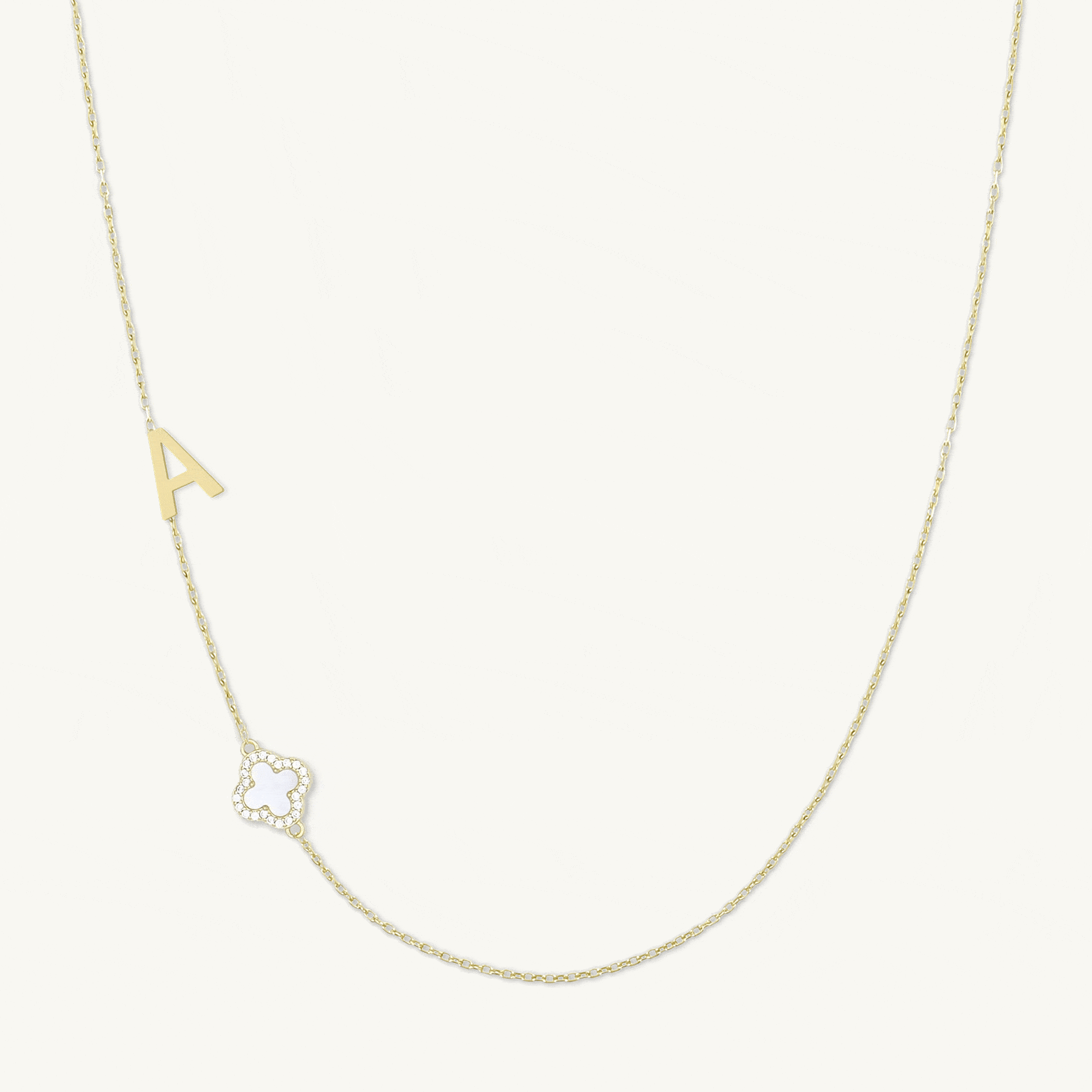 Sideways Single Initial Letter Clover MOP Necklace