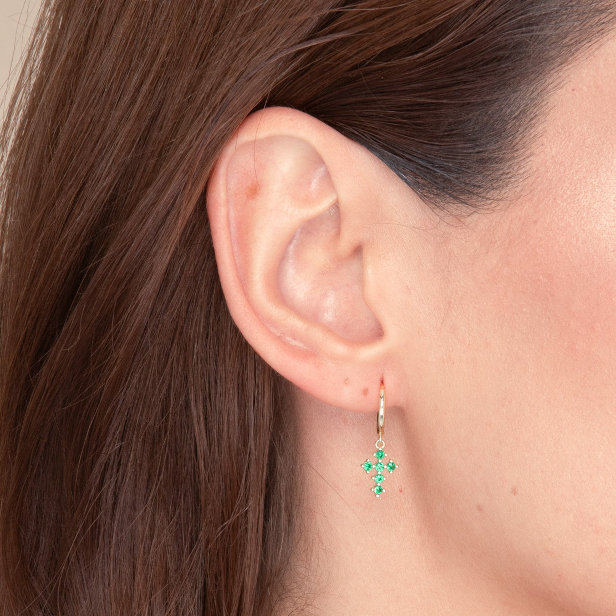 Emerald Cross Zirconia Huggie Earrings