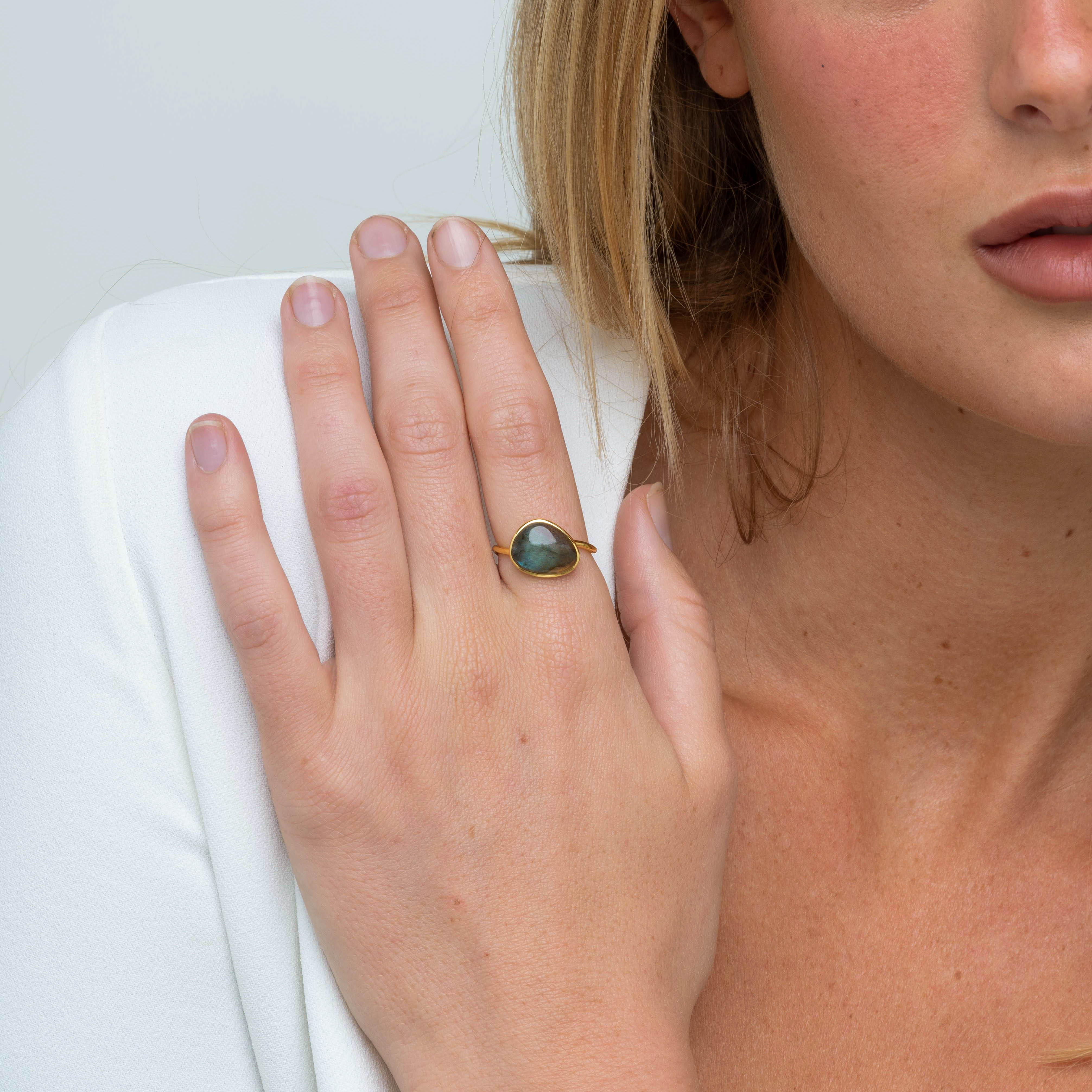 Black Moonstone Oval Statement Open Ring
