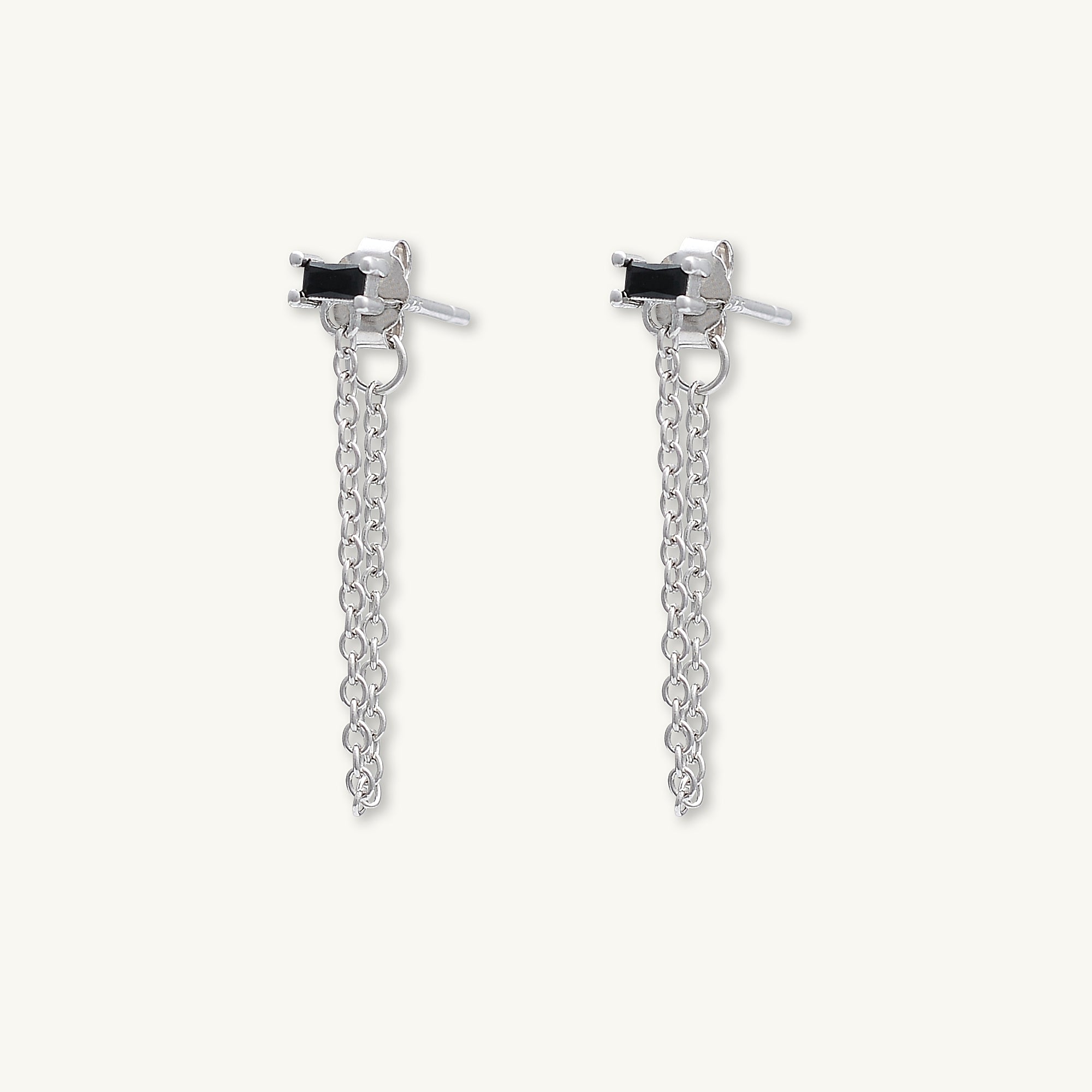 Black Baguette Chain Drop Stud Earrings