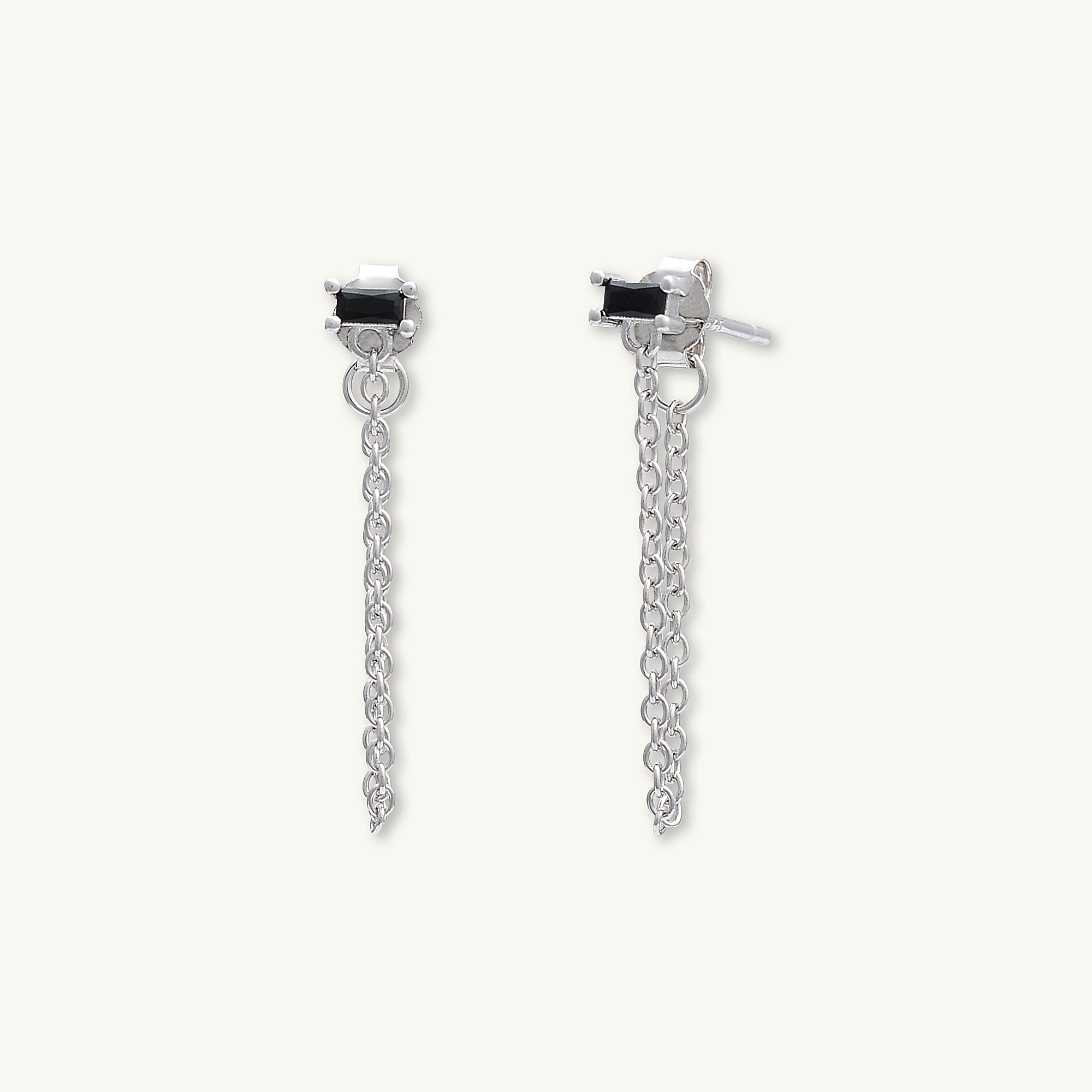 Black Baguette Chain Drop Stud Earrings