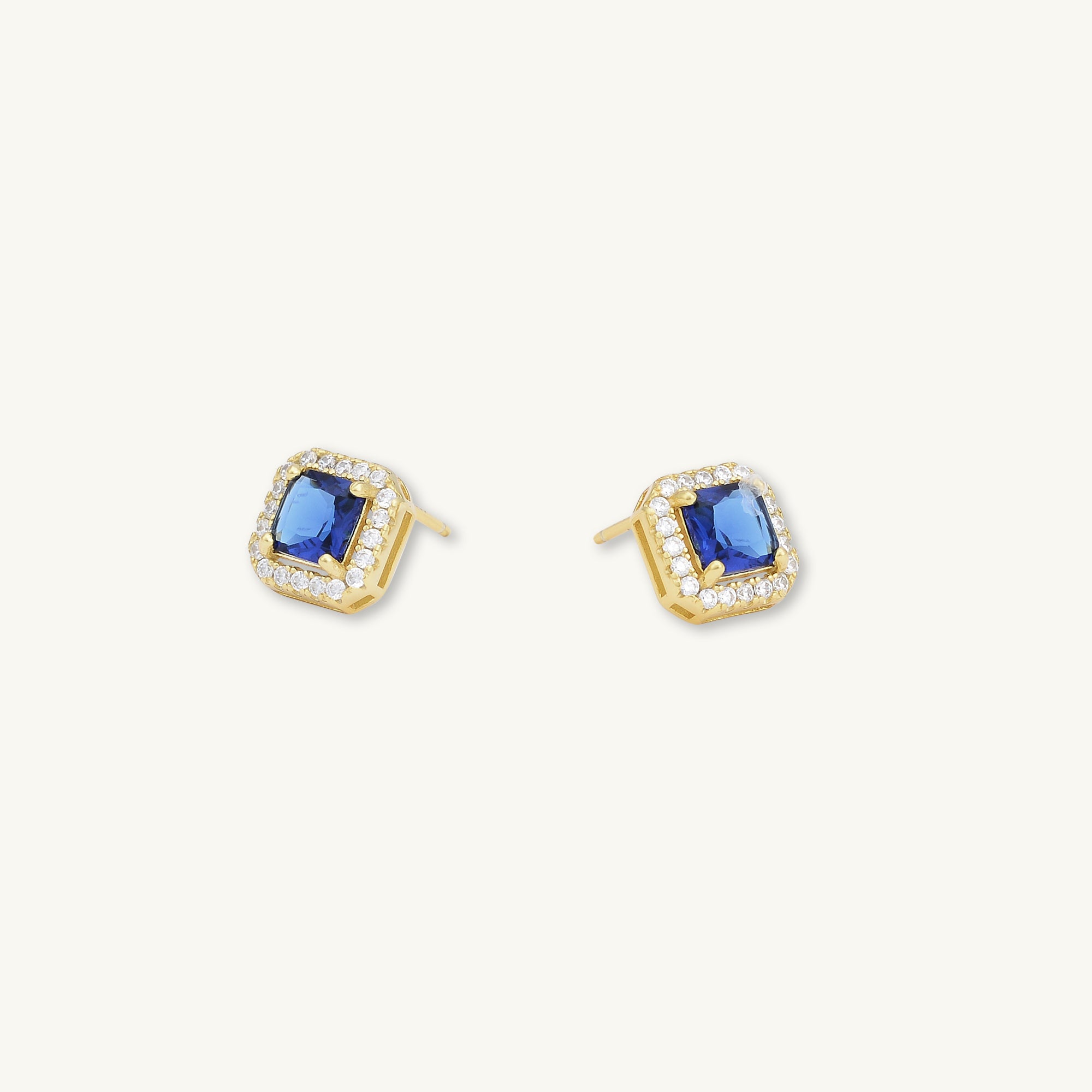 Blue Sapphire Square Pave Halo Stud Earrings